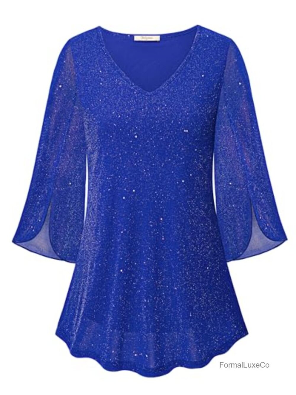 Ruffle 3/4 Sleeve V Neck Double Layer Mesh Loose Flowy Tunic Top